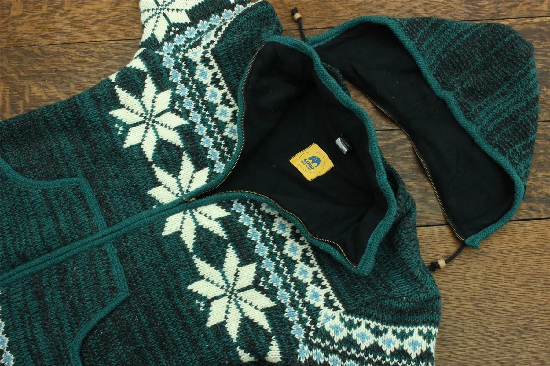 Hand Knitted Wool Hooded Jacket Cardigan - Fairisle Teal