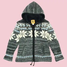 Hand Knitted Wool Hooded Jacket Cardigan Ladies Cut - Fairisle Grey