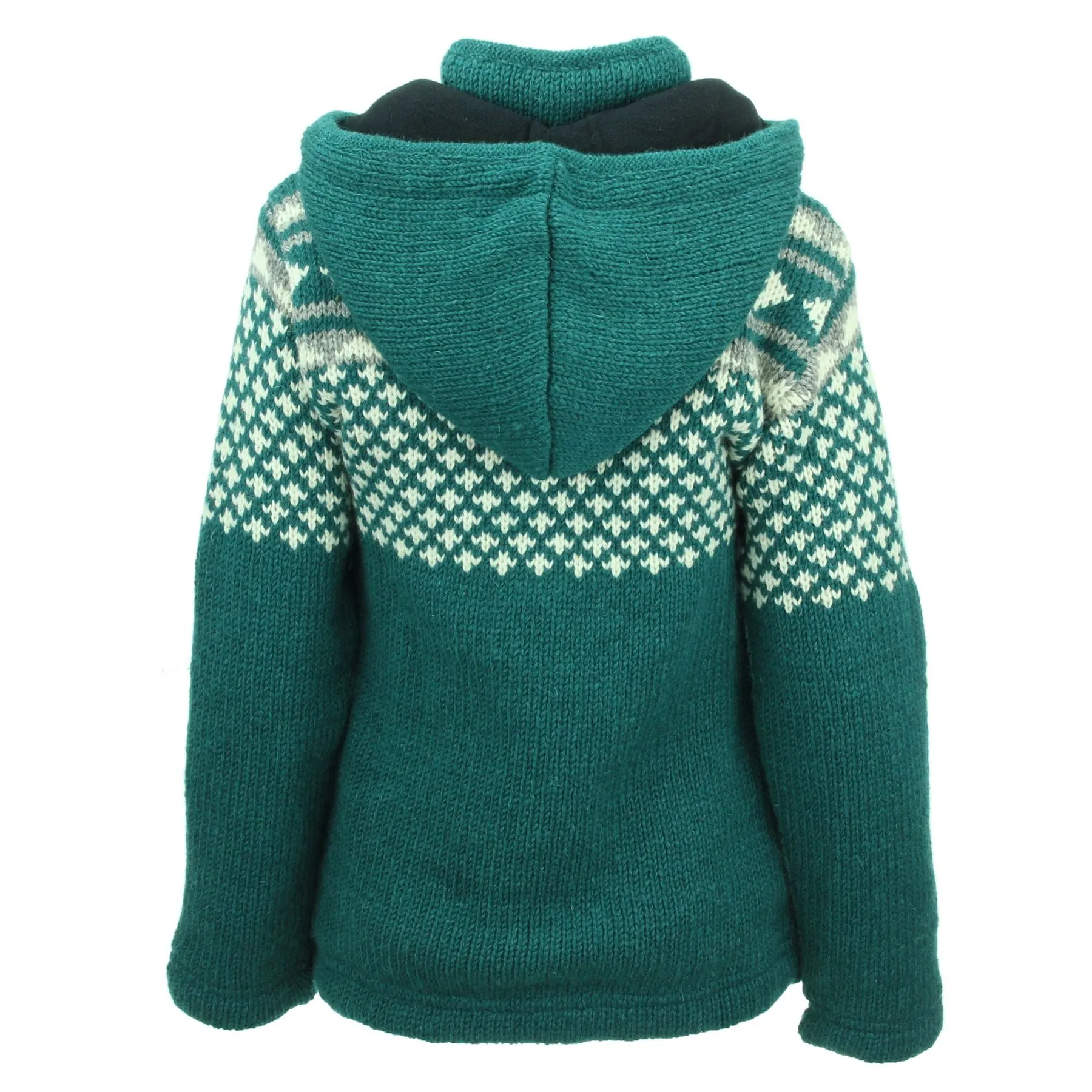 Hand Knitted Wool Hooded Jacket Cardigan Ladies Cut - Fairisle Teal