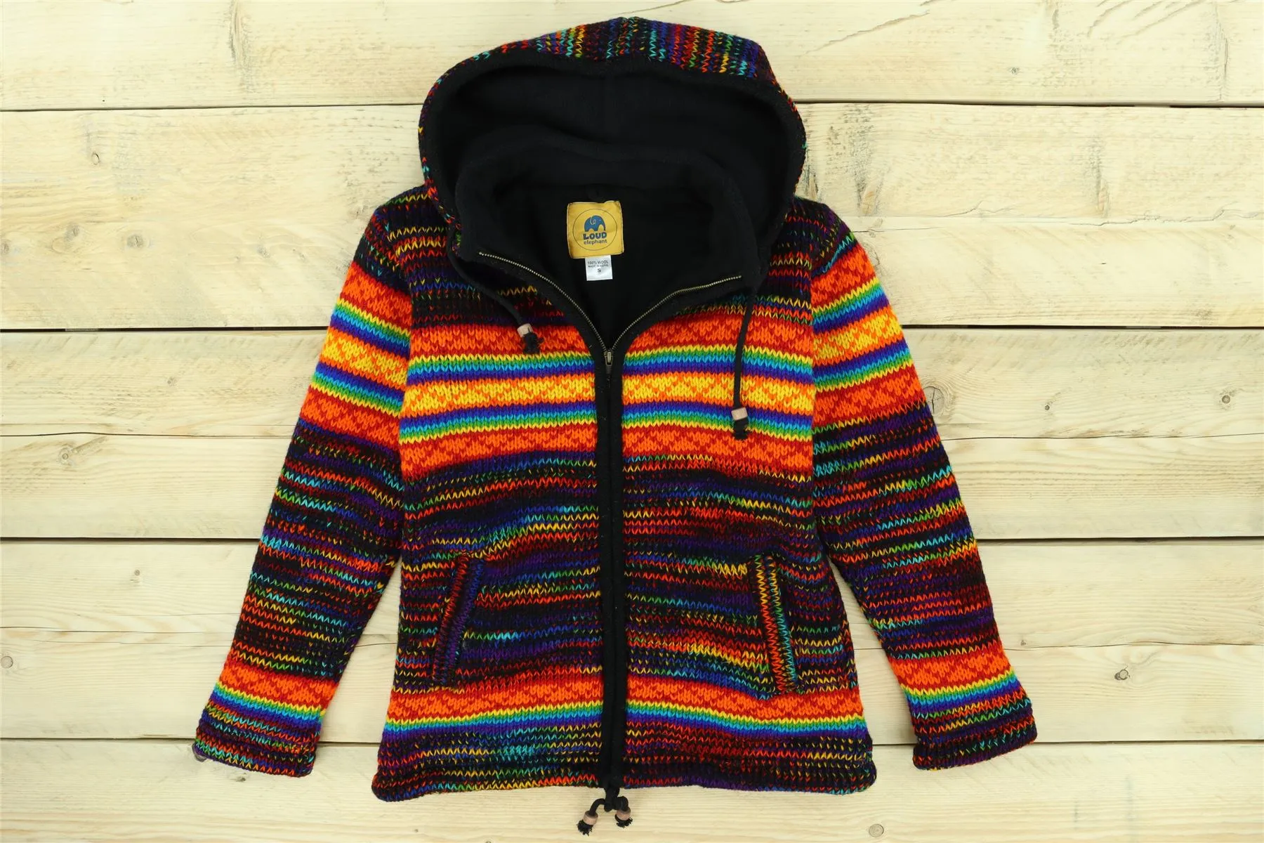 Hand Knitted Wool Hooded Jacket Cardigan Ladies Cut - SD Black Rainbow Orange