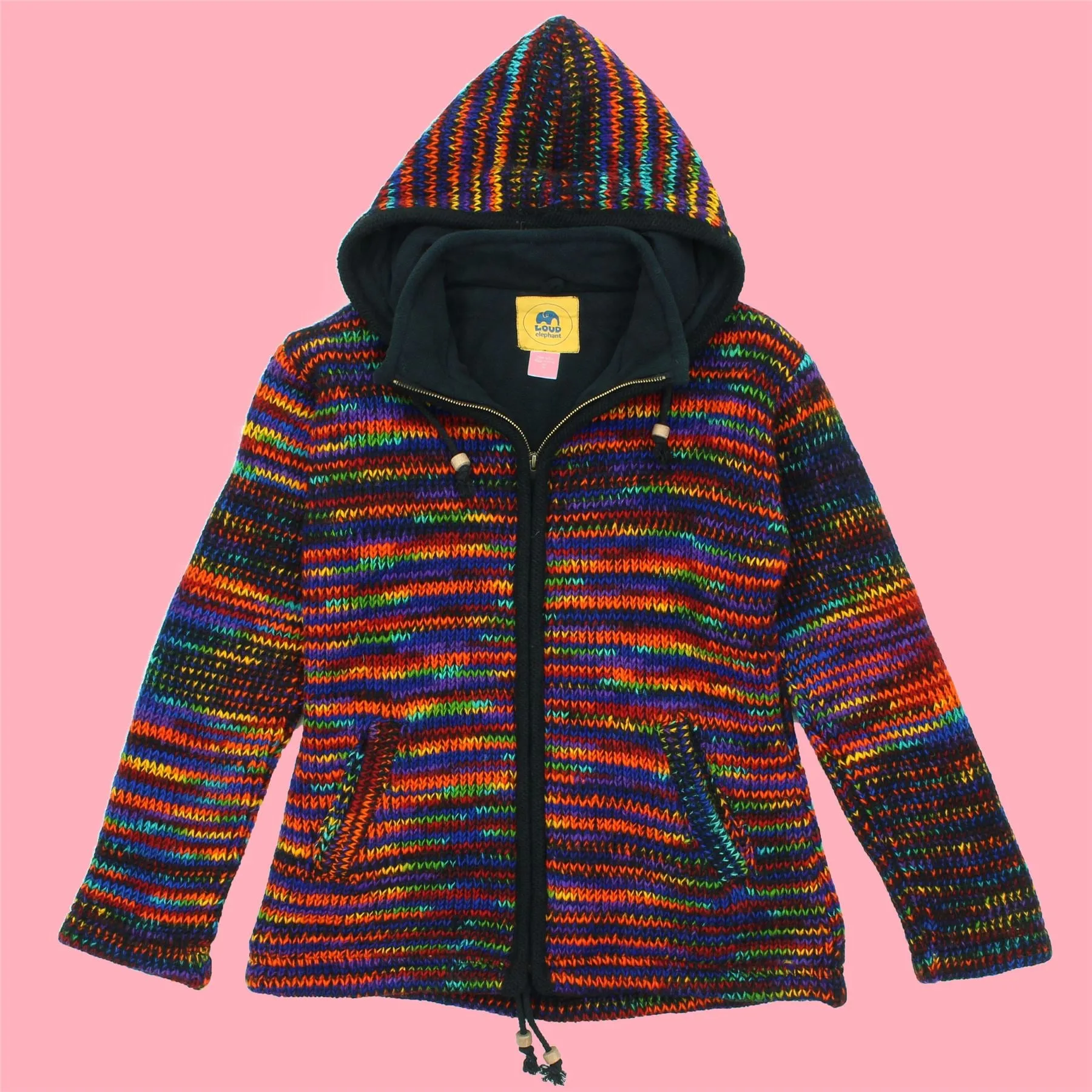 Hand Knitted Wool Hooded Jacket Cardigan Ladies Cut - SD Black Rainbow