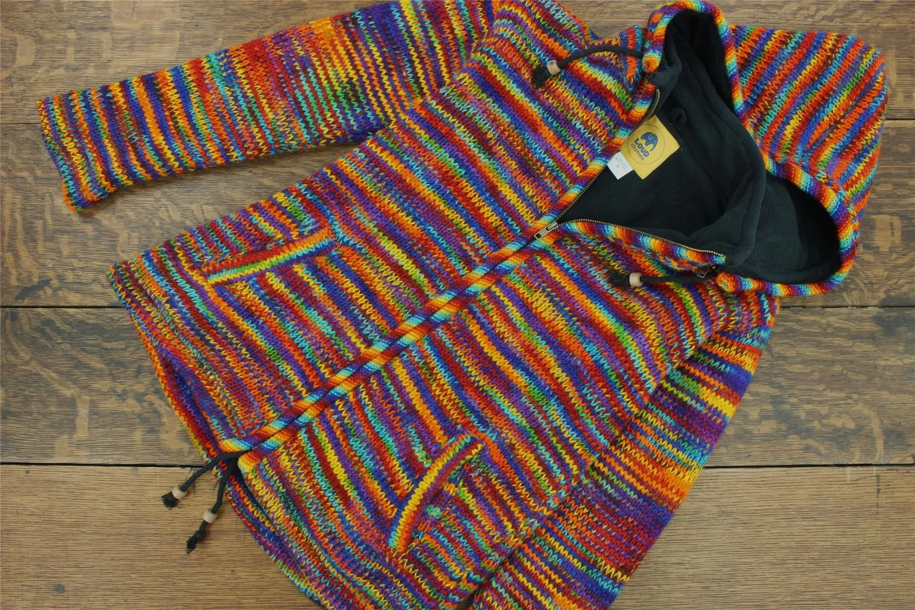 Hand Knitted Wool Hooded Jacket Cardigan Ladies Cut - SD Rainbow with Rainbow Trim