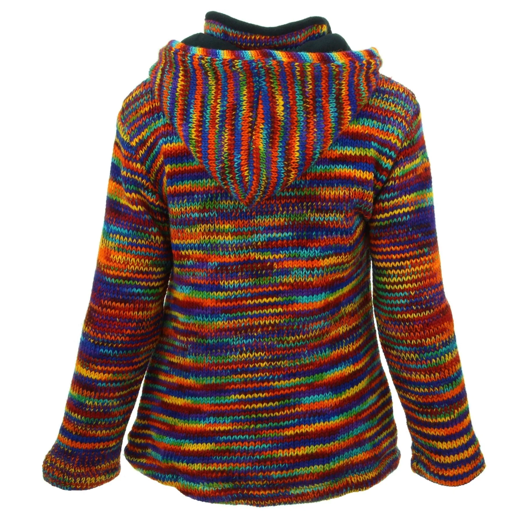 Hand Knitted Wool Hooded Jacket Cardigan Ladies Cut - SD Rainbow with Rainbow Trim