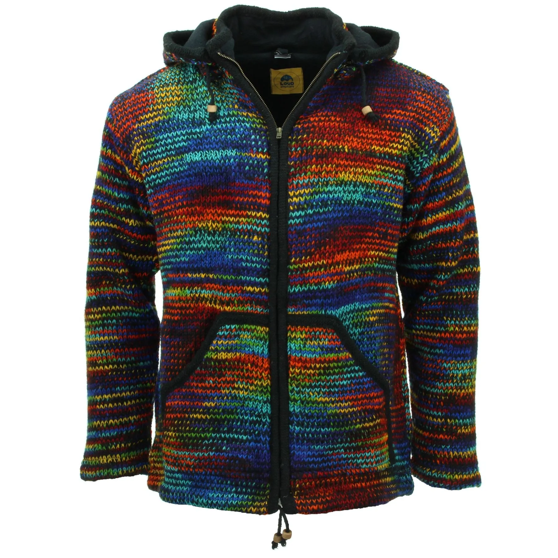 Hand Knitted Wool Hooded Jacket Cardigan - SD Black Rainbow