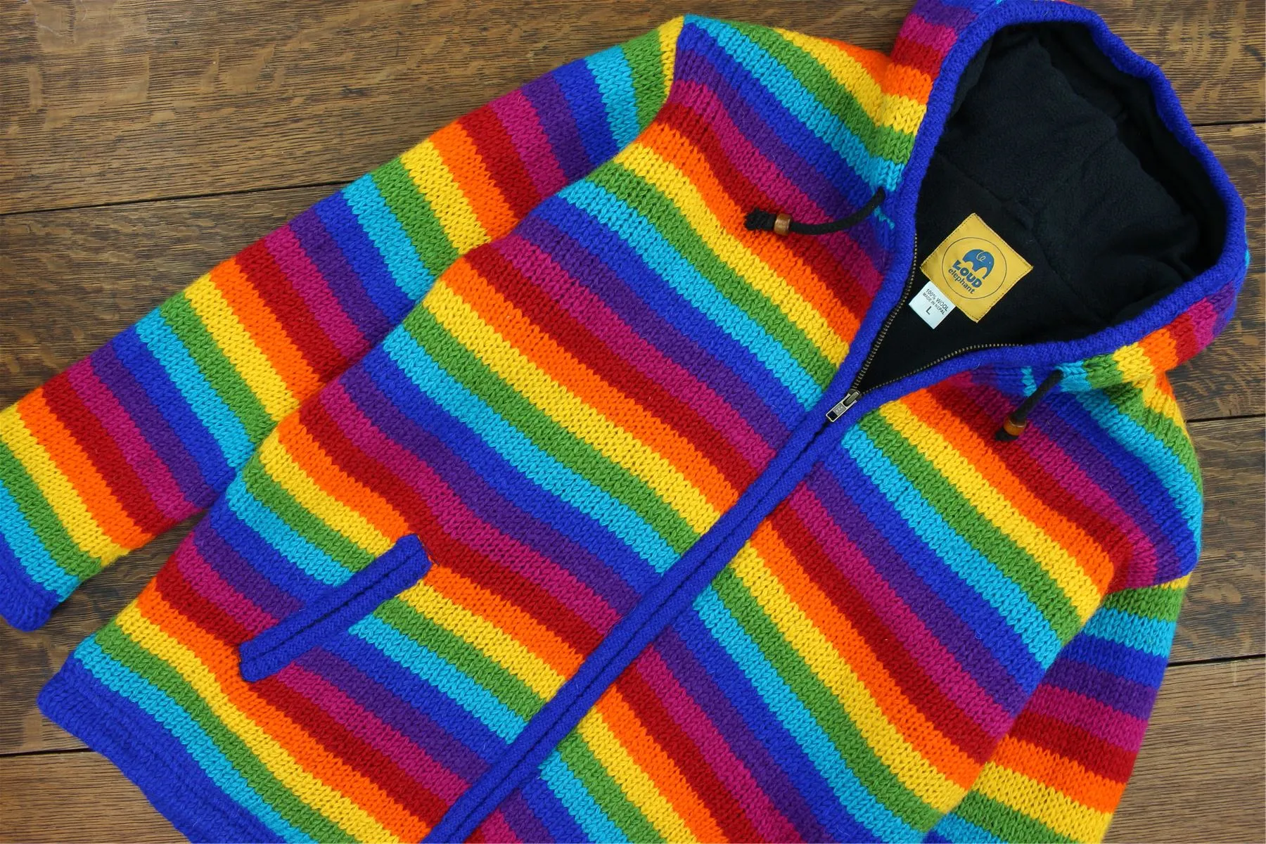 Hand Knitted Wool Hooded Jacket Cardigan - Stripe Bright Rainbow