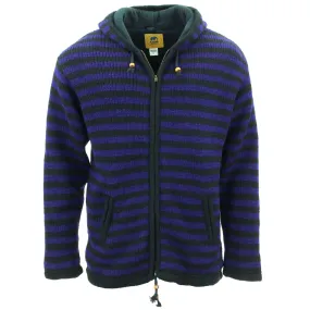 Hand Knitted Wool Hooded Jacket Cardigan - Stripe Purple Black