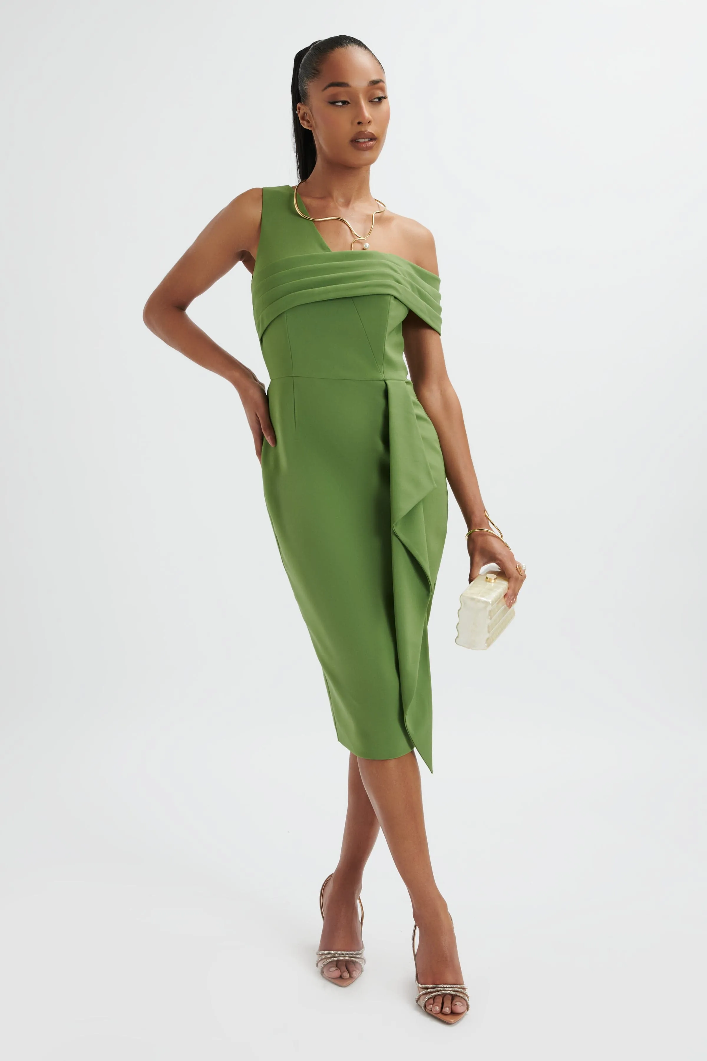 HANNAH Pleated Asymmetric Off Shoulder Midi Dress In Green