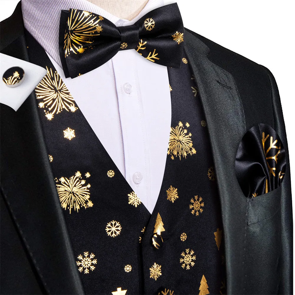 Hi-Tie Black Gold Christmas Snow Elements Vest Necktie Bowtie Set