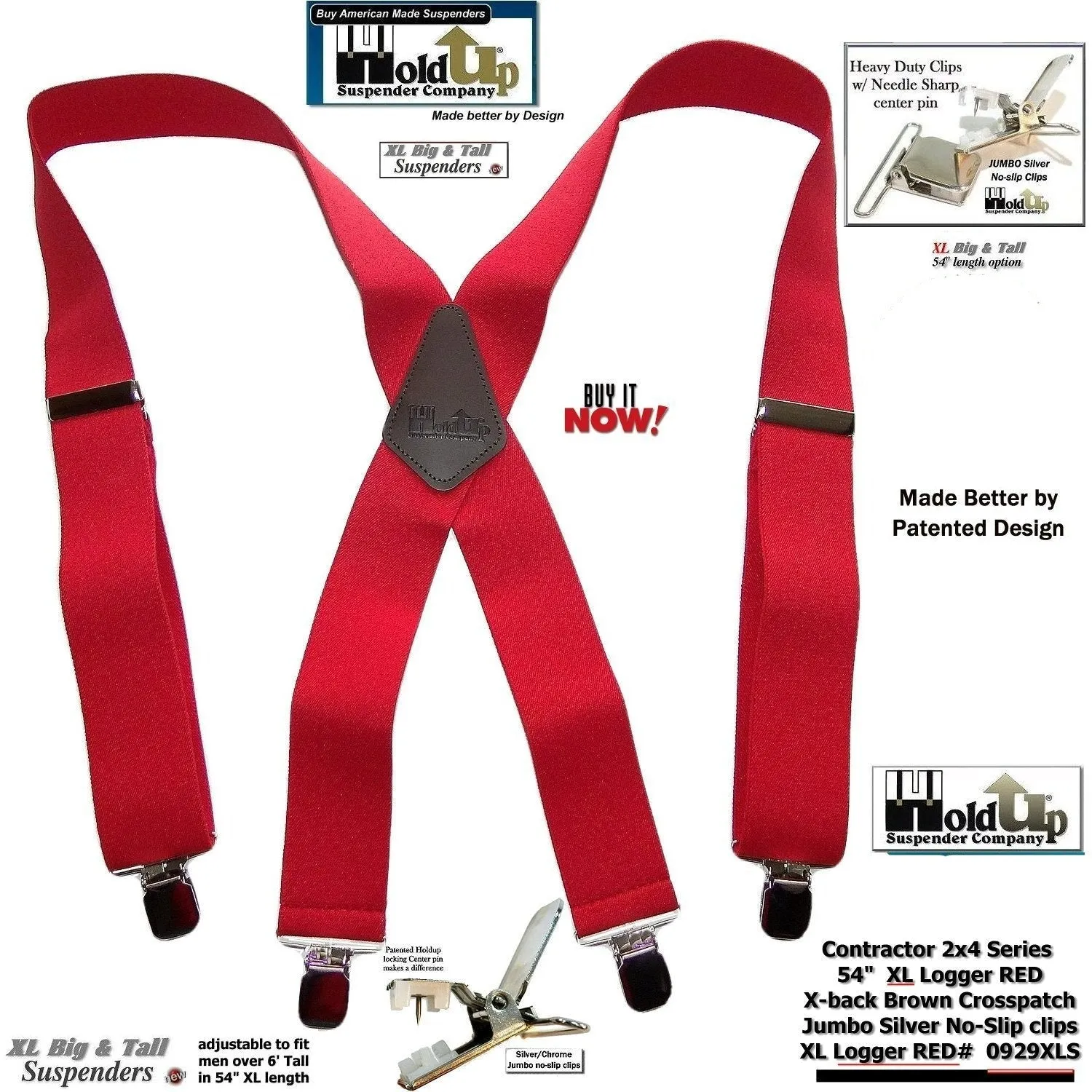 Hold-Ups XL Logger Red Suspenders 2" wide X-back with Patented No-slip Nickel metal clips