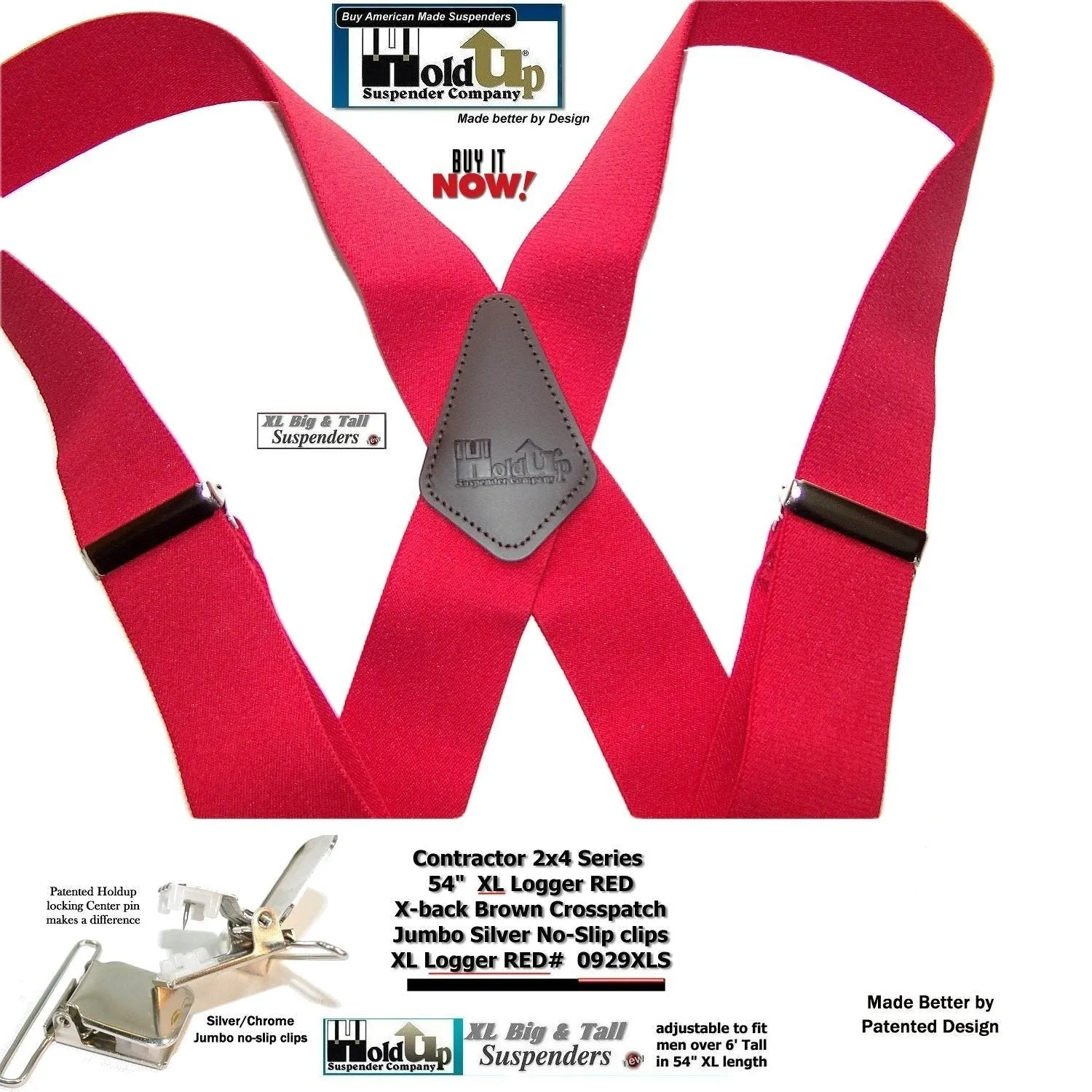 Hold-Ups XL Logger Red Suspenders 2" wide X-back with Patented No-slip Nickel metal clips