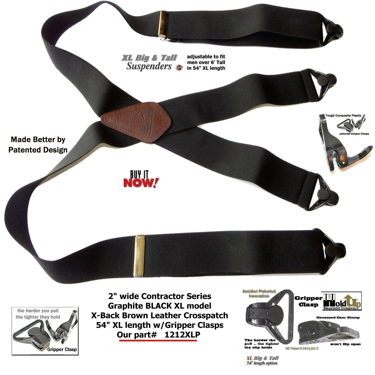 HoldUp Big and Tall XL Graphite Black 2" Contractor Series Suspenders with Gripper Clasps