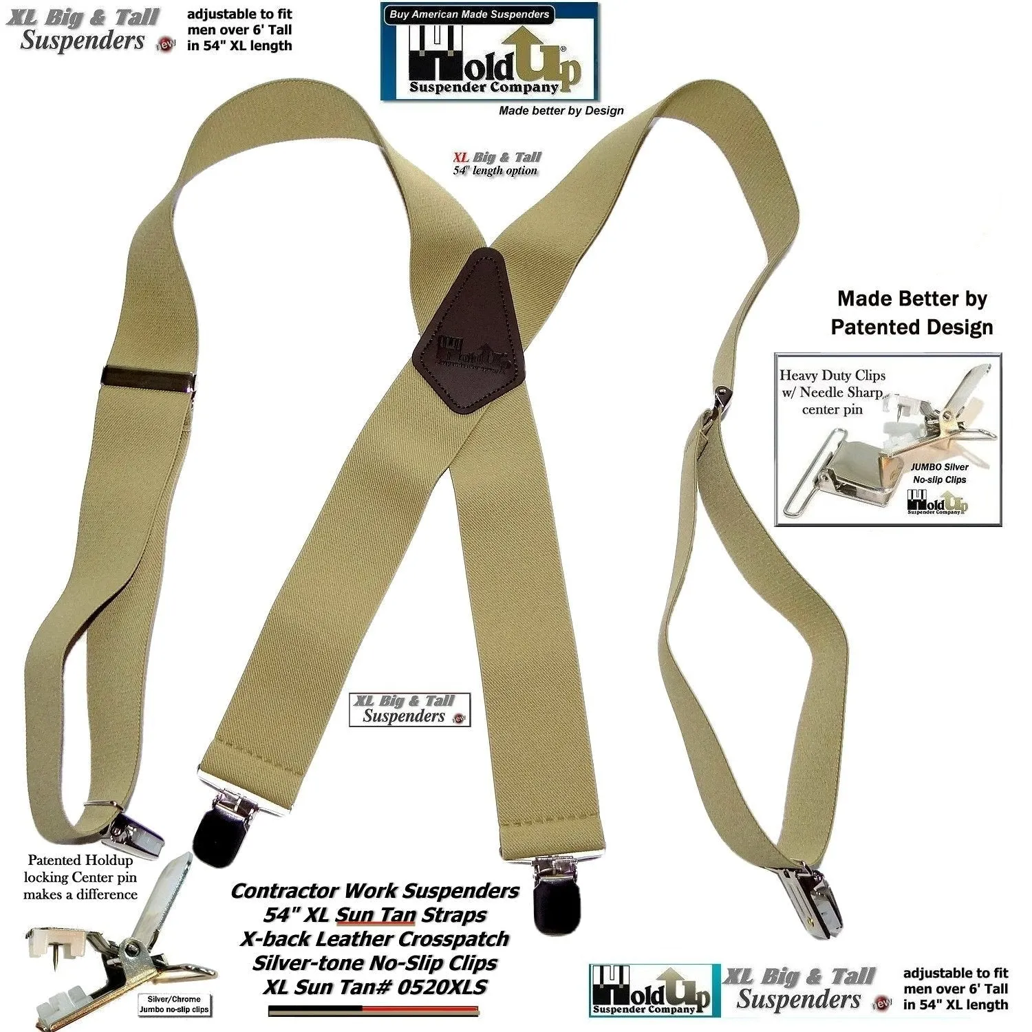 Holdup Brand Extra Long XL Sun Tan Suspenders with Jumbo USA Patented No-slip Center Pin Clips