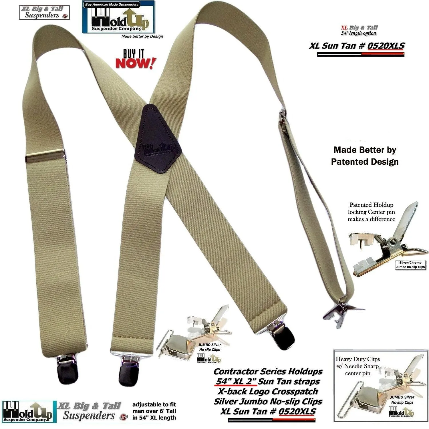 Holdup Brand Extra Long XL Sun Tan Suspenders with Jumbo USA Patented No-slip Center Pin Clips