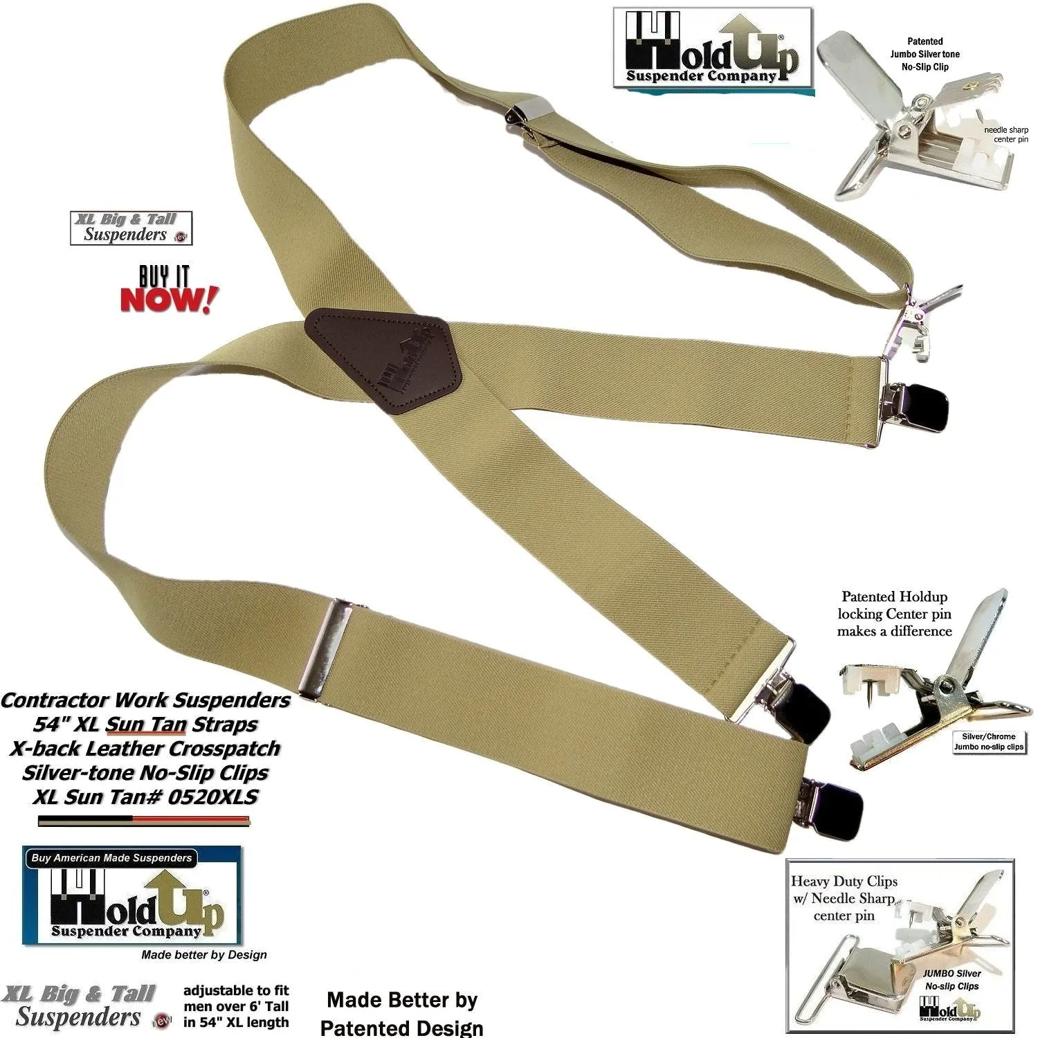 Holdup Brand Extra Long XL Sun Tan Suspenders with Jumbo USA Patented No-slip Center Pin Clips