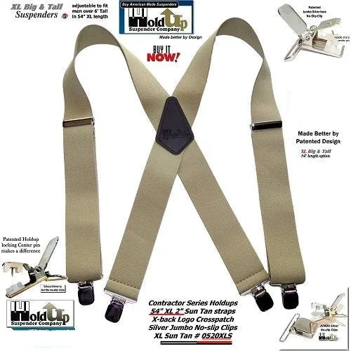 Holdup Brand Extra Long XL Sun Tan Suspenders with Jumbo USA Patented No-slip Center Pin Clips