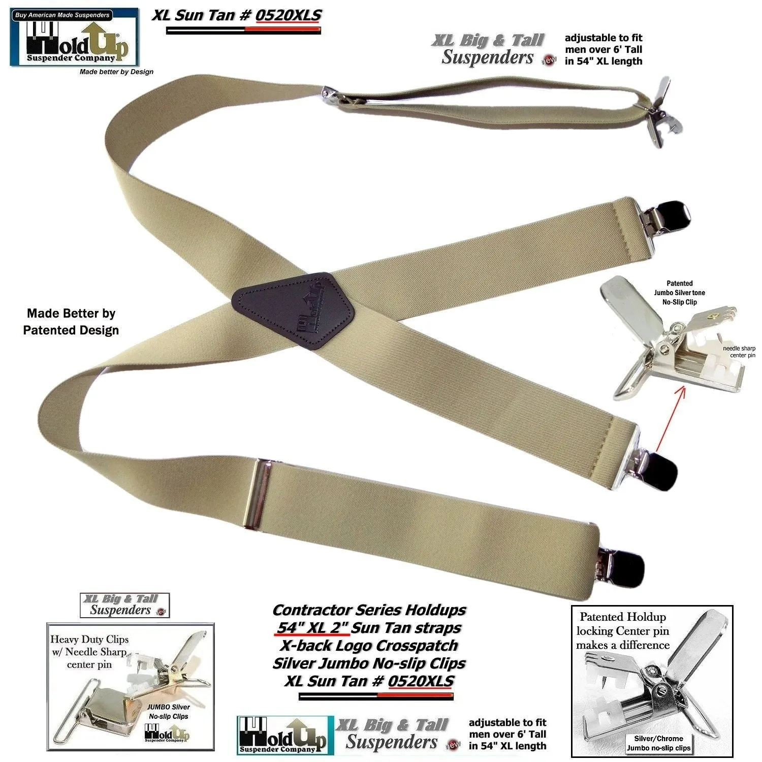 Holdup Brand Extra Long XL Sun Tan Suspenders with Jumbo USA Patented No-slip Center Pin Clips