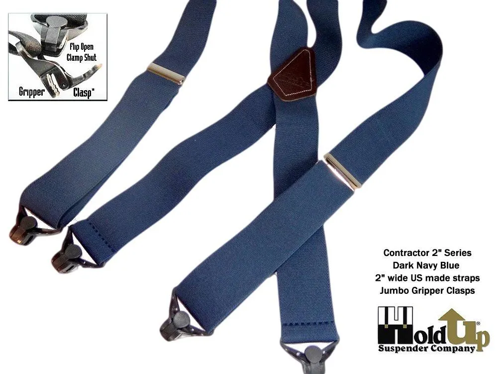 Holdup Brand Heavy Duty Dark Denim Work Suspenders with jumbo USA Patented Gripper Clasps