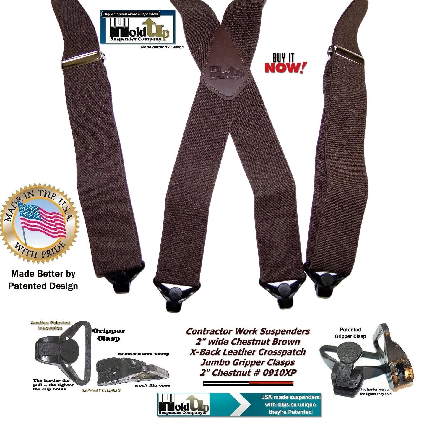 Holdup Heavy Duty Chestnut Brown Work Suspenders with black Patented Gripper Clasps