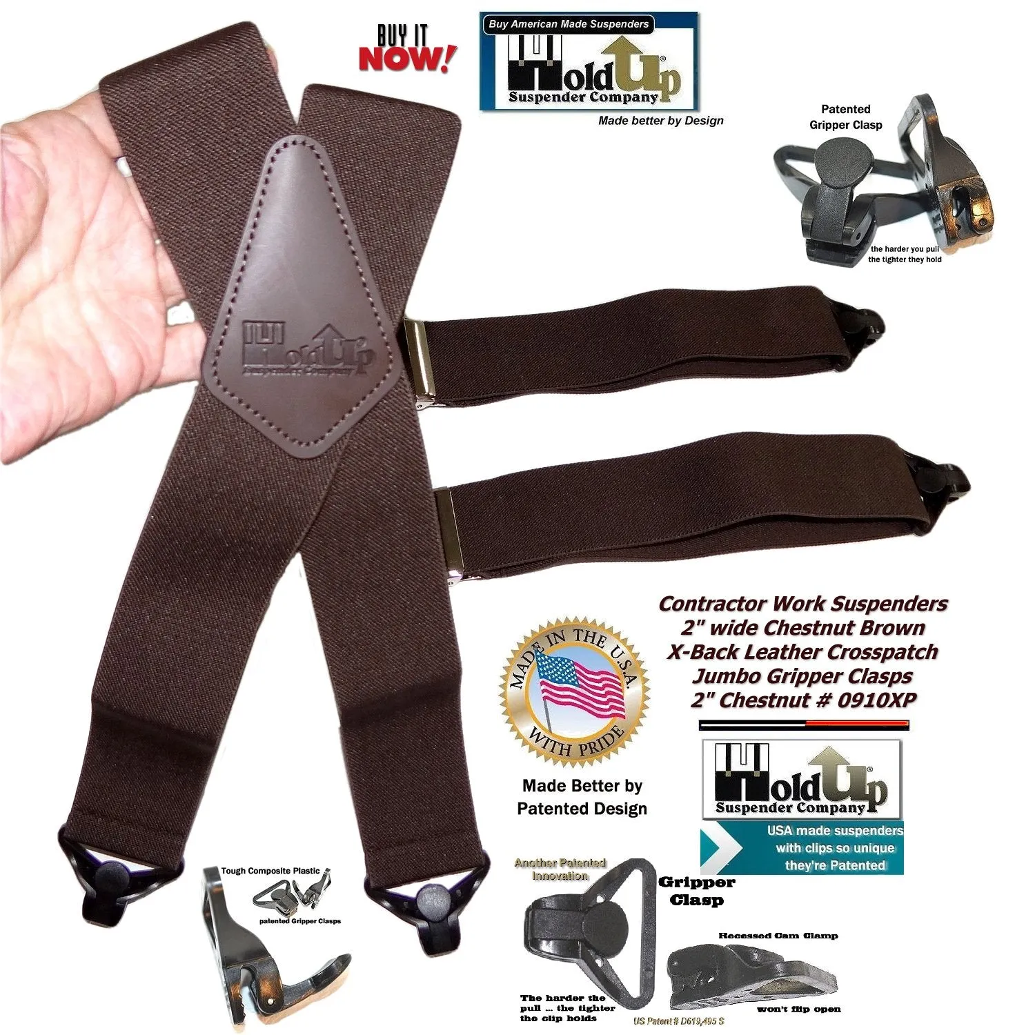 Holdup Heavy Duty Chestnut Brown Work Suspenders with black Patented Gripper Clasps