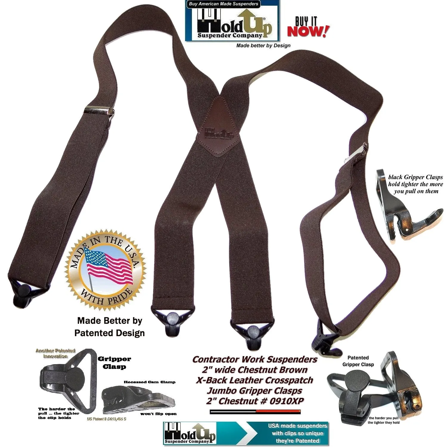 Holdup Heavy Duty Chestnut Brown Work Suspenders with black Patented Gripper Clasps