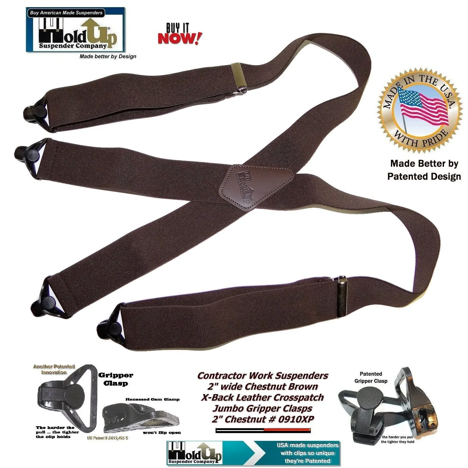 Holdup Heavy Duty Chestnut Brown Work Suspenders with black Patented Gripper Clasps