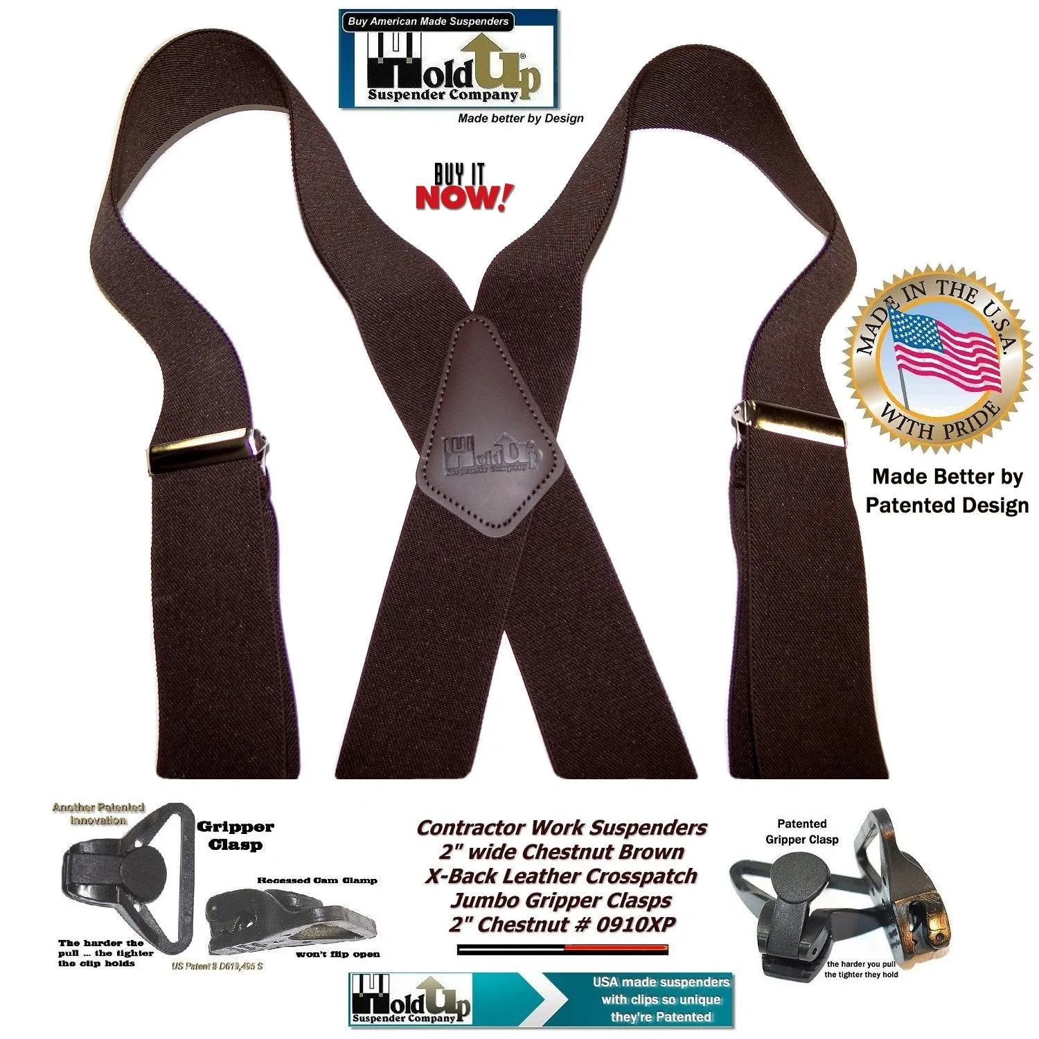 Holdup Heavy Duty Chestnut Brown Work Suspenders with black Patented Gripper Clasps