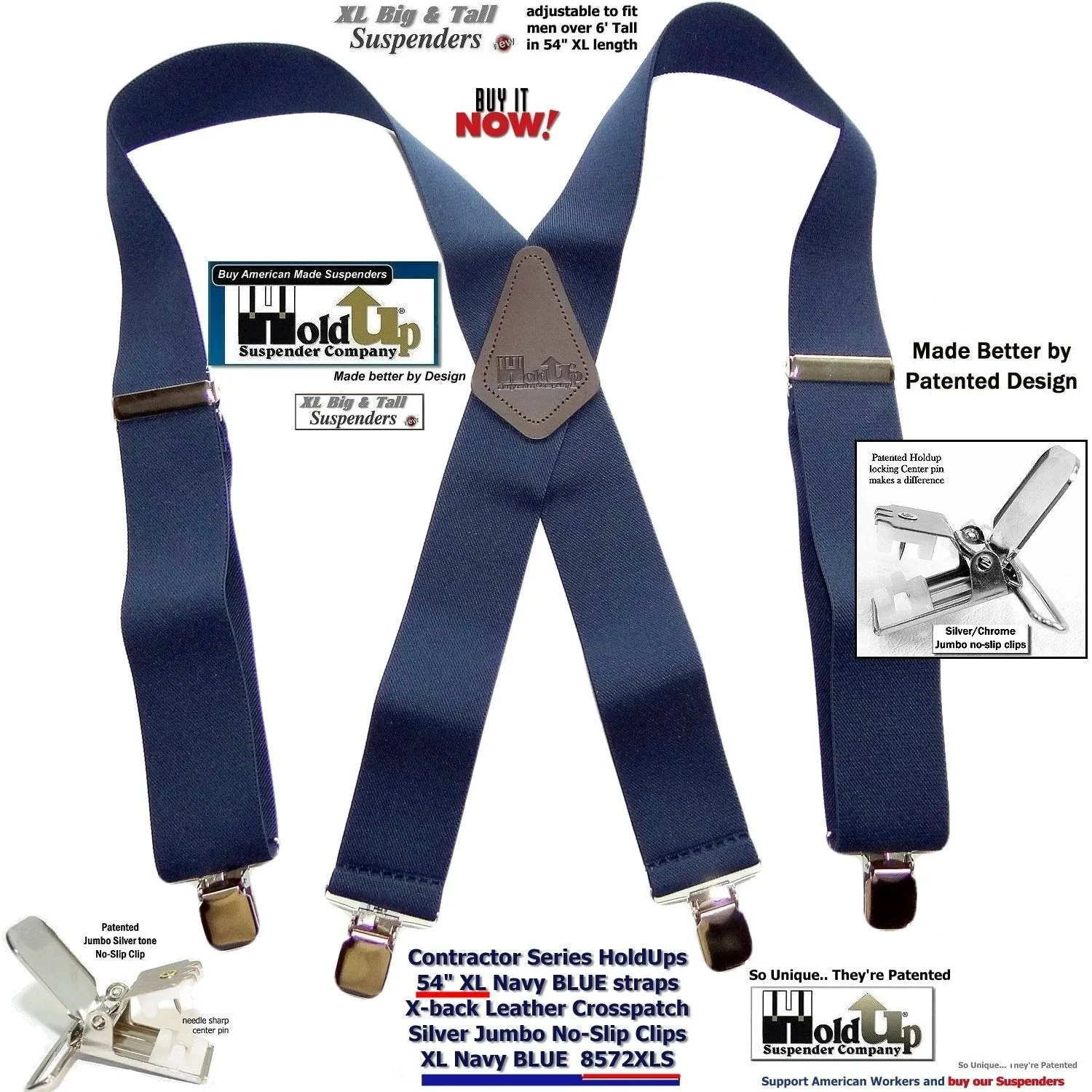 Holdup Suspender Company Extra Long XL Navy Blue wide work Suspenders with Jumbo Silver tone No-slip Clips