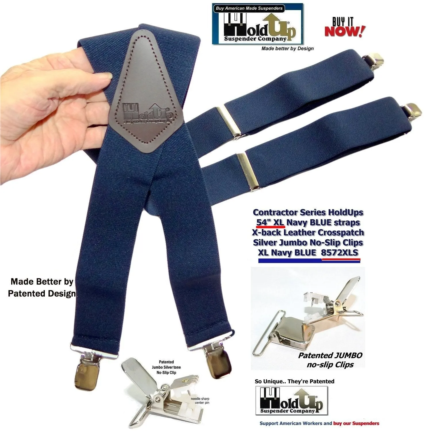 Holdup Suspender Company Extra Long XL Navy Blue wide work Suspenders with Jumbo Silver tone No-slip Clips