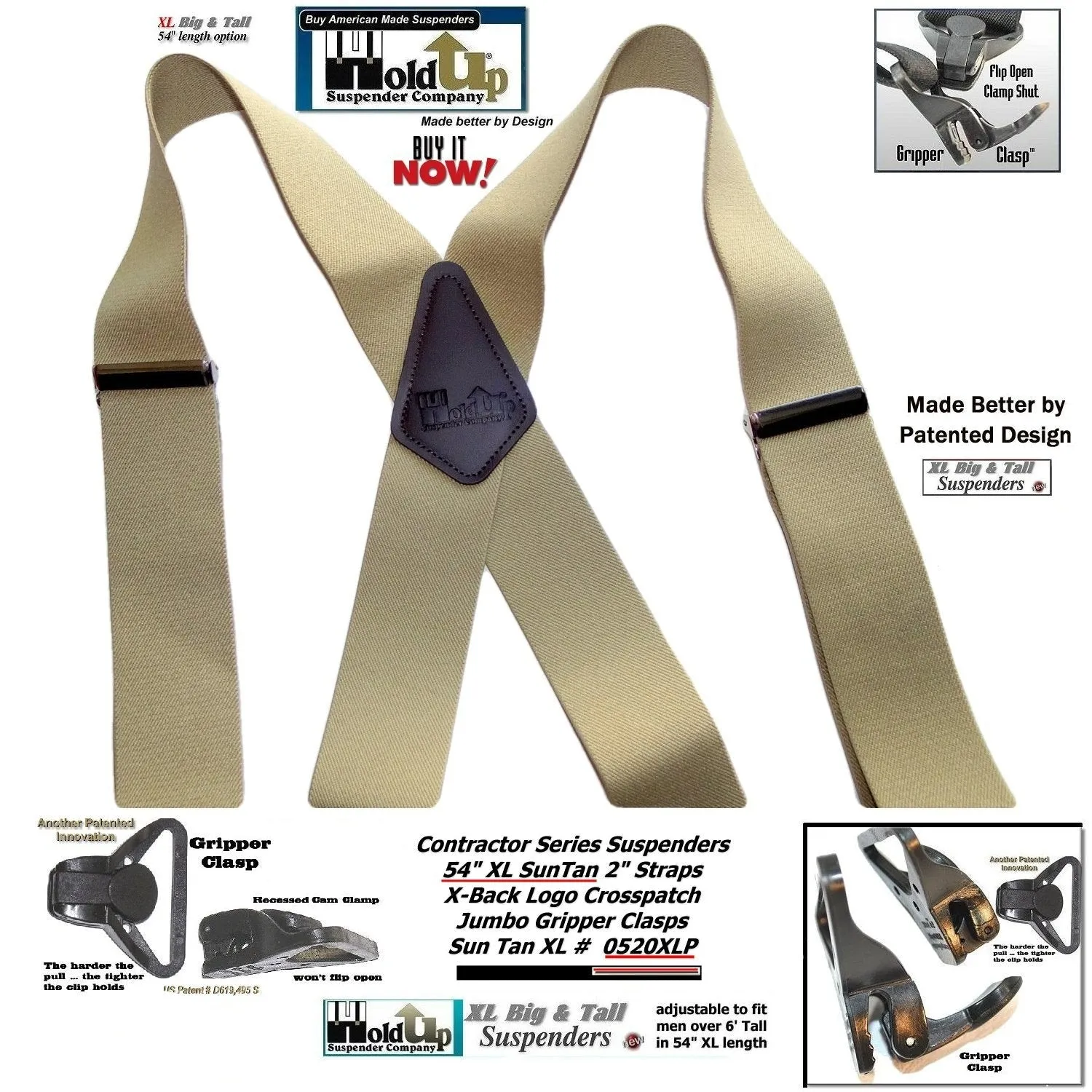 Holdup Suspender Company's Extra Long XL Light Tan Suspenders are 2 inches wide with USA Patented black Jumbo Gripper Clasps