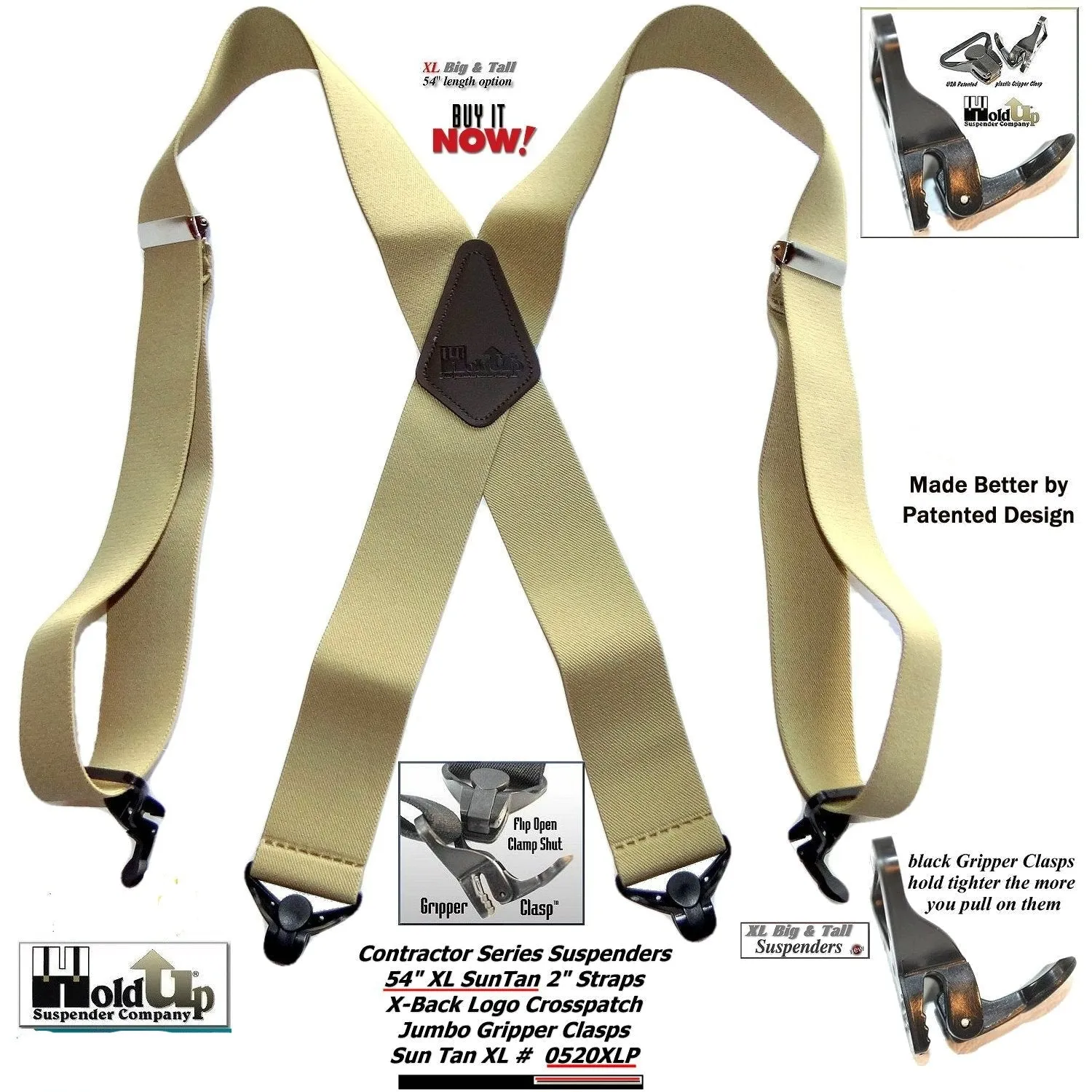 Holdup Suspender Company's Extra Long XL Light Tan Suspenders are 2 inches wide with USA Patented black Jumbo Gripper Clasps