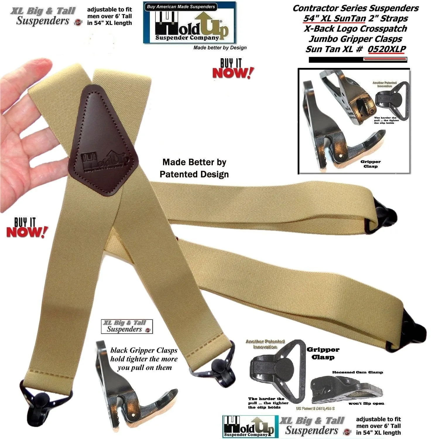 Holdup Suspender Company's Extra Long XL Light Tan Suspenders are 2 inches wide with USA Patented black Jumbo Gripper Clasps