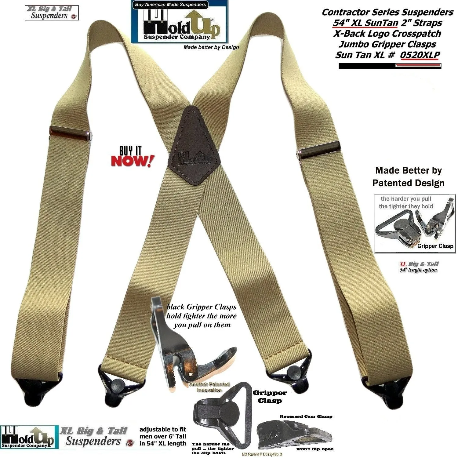 Holdup Suspender Company's Extra Long XL Light Tan Suspenders are 2 inches wide with USA Patented black Jumbo Gripper Clasps