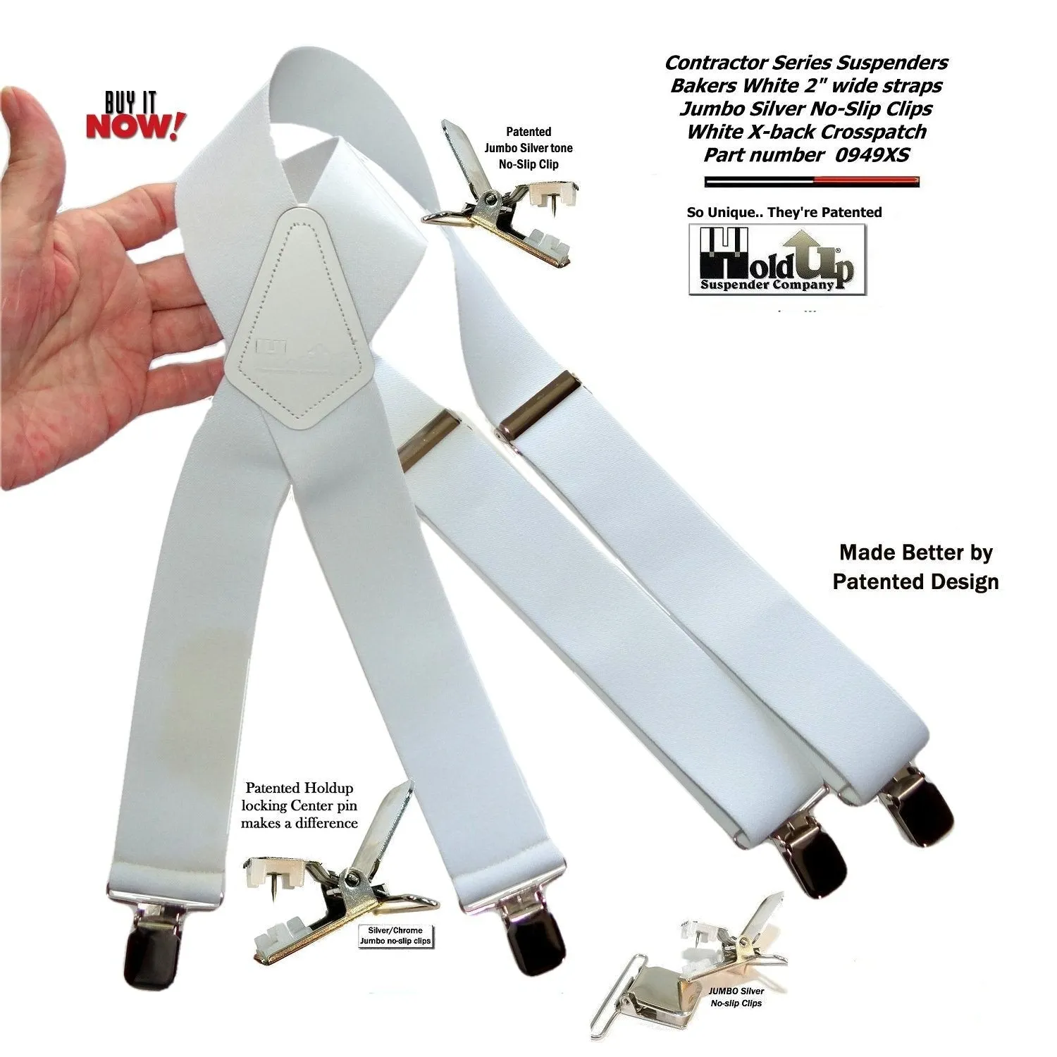 Holdup Suspender Contractor Series Bakers White 2" Wide X-back Suspenders with silver jumbo no-slip clips