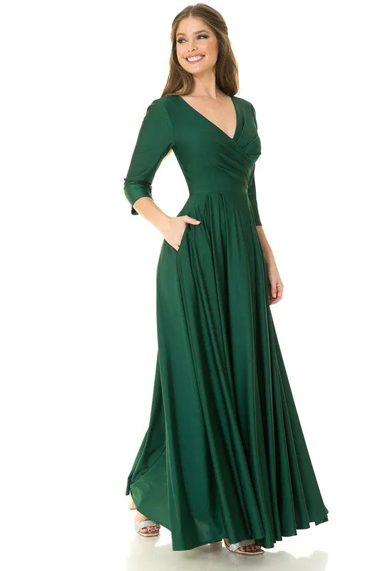 Hunter Green Sleeve Wrap Pleated Flare Pockets Formal Dress