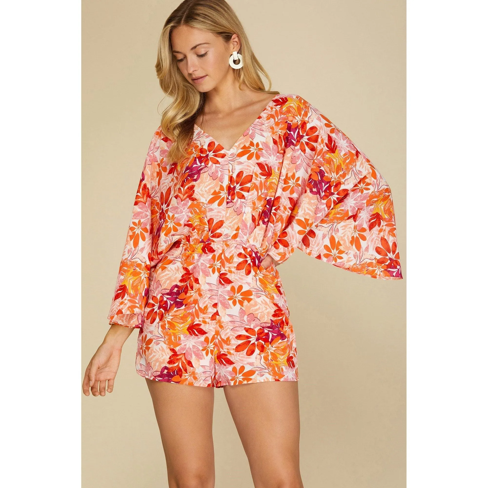 Kimono Sleeve Floral Woven Romper