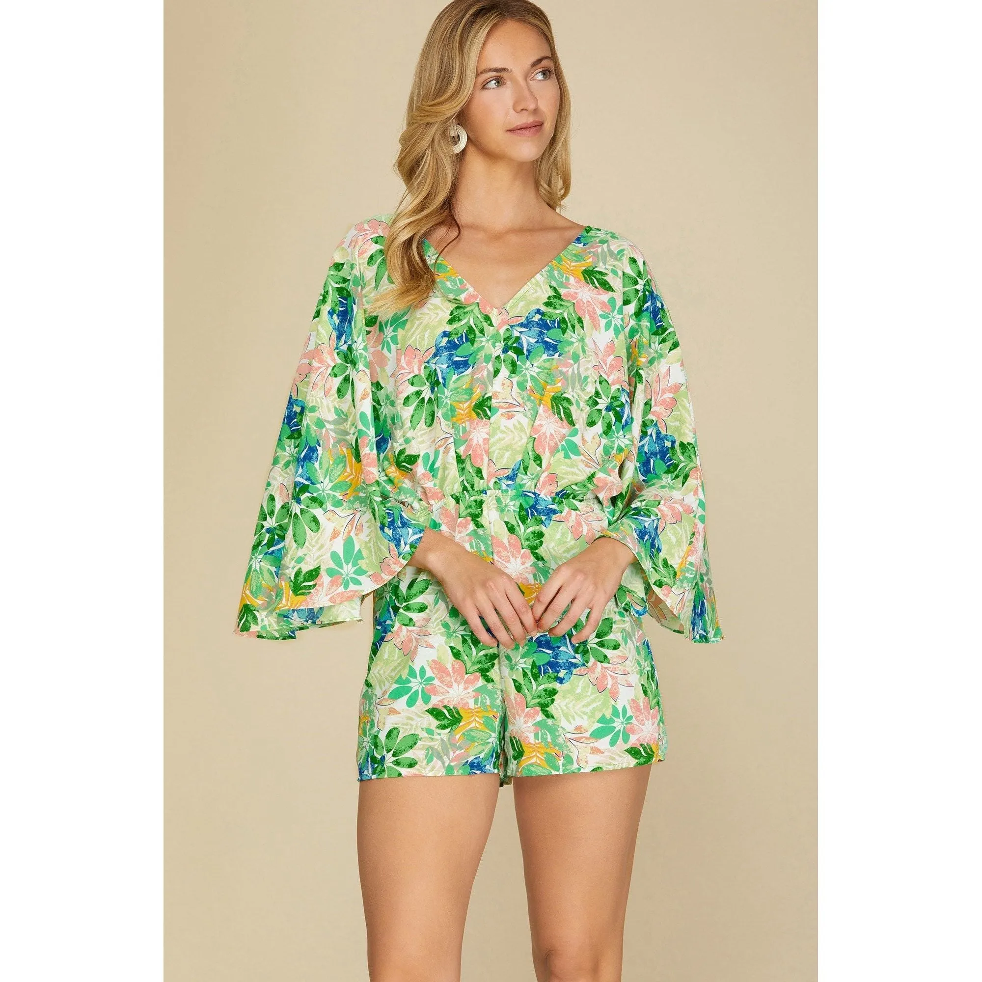 Kimono Sleeve Floral Woven Romper