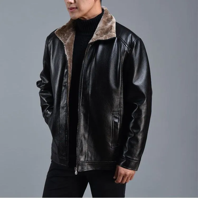 Loose Fit Fleece-Lined Leather Jacket