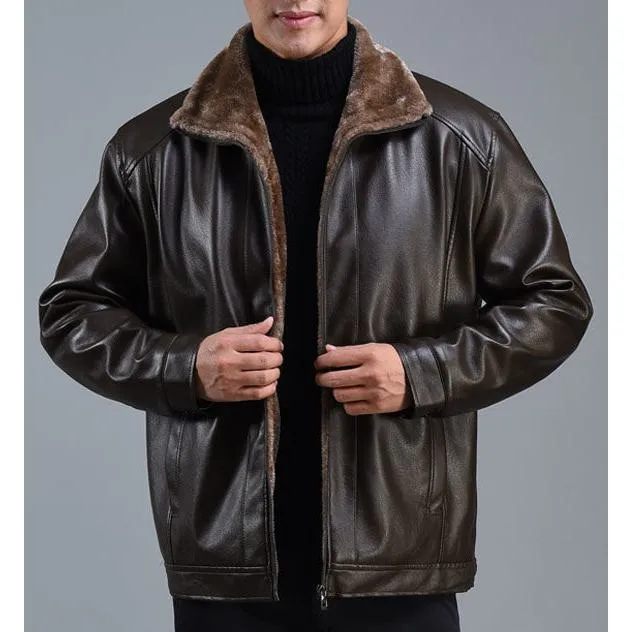 Loose Fit Fleece-Lined Leather Jacket