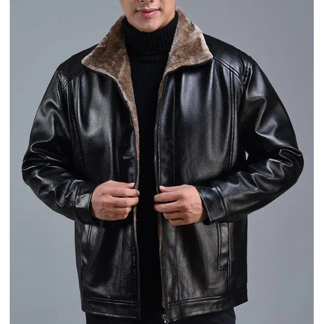 Loose Fit Fleece-Lined Leather Jacket