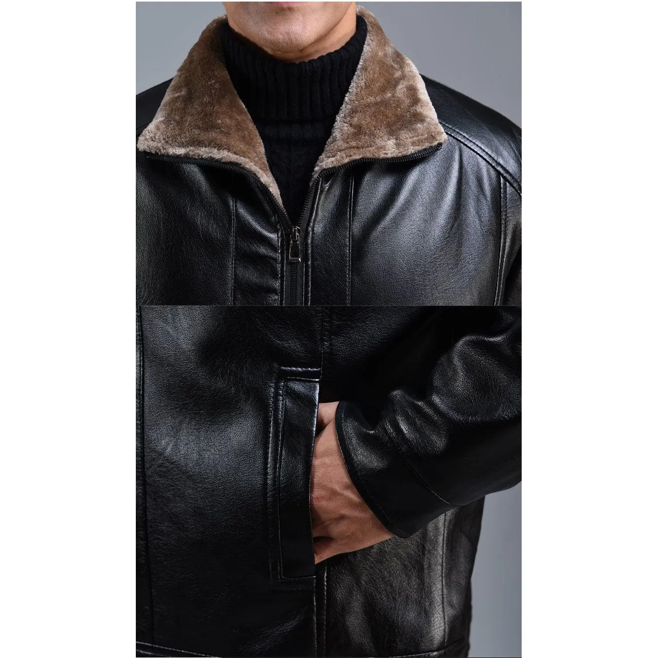 Loose Fit Fleece-Lined Leather Jacket