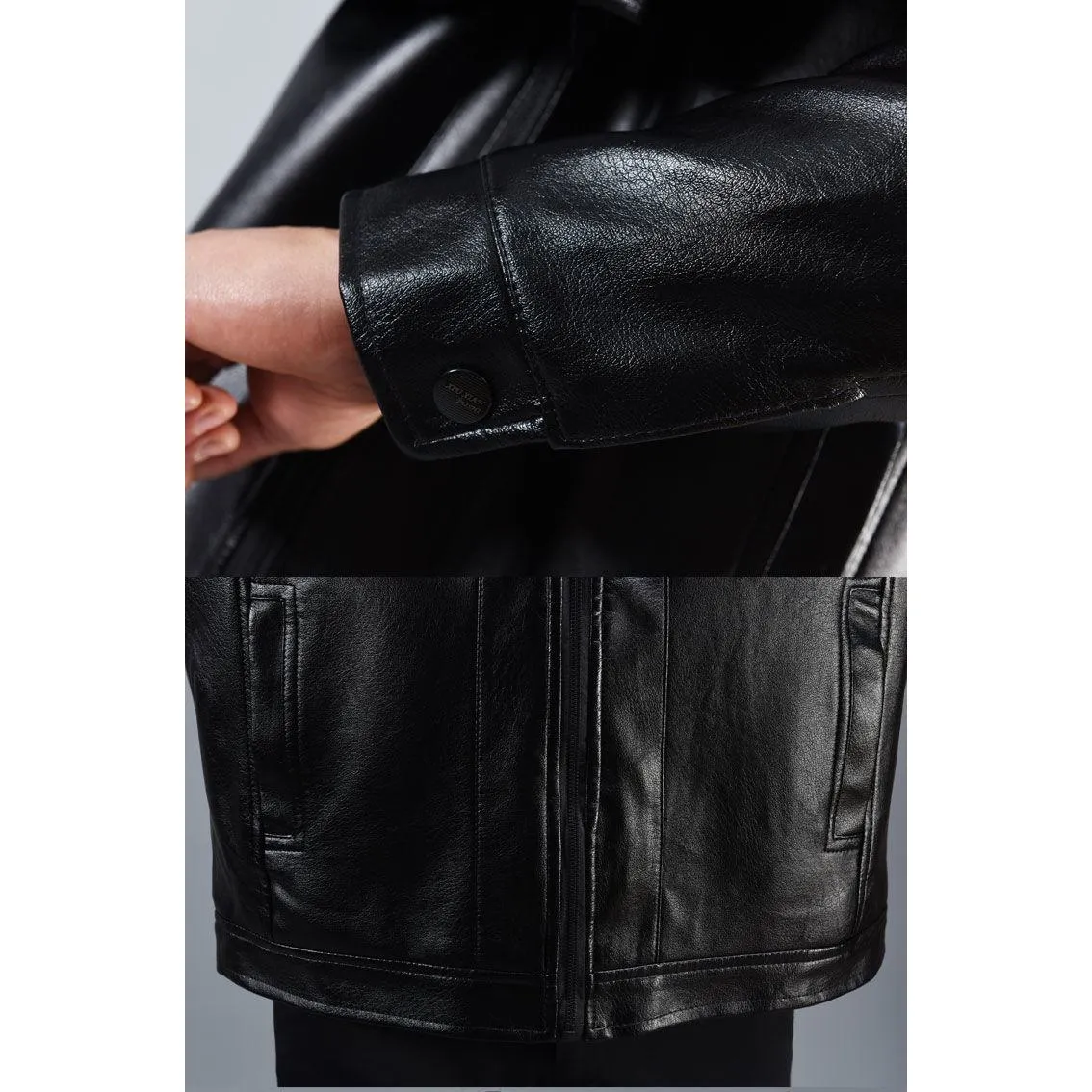 Loose Fit Fleece-Lined Leather Jacket