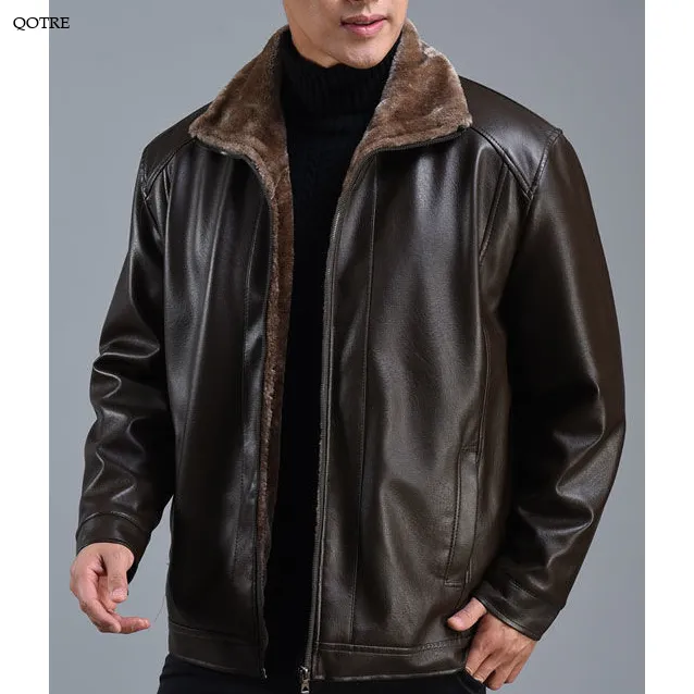 Loose Fit Fleece-Lined Leather Jacket