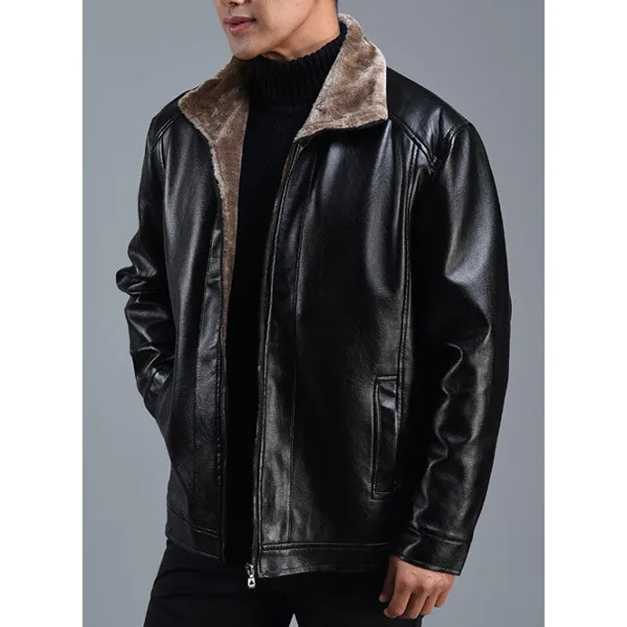 Loose Fit Fleece-Lined Leather Jacket