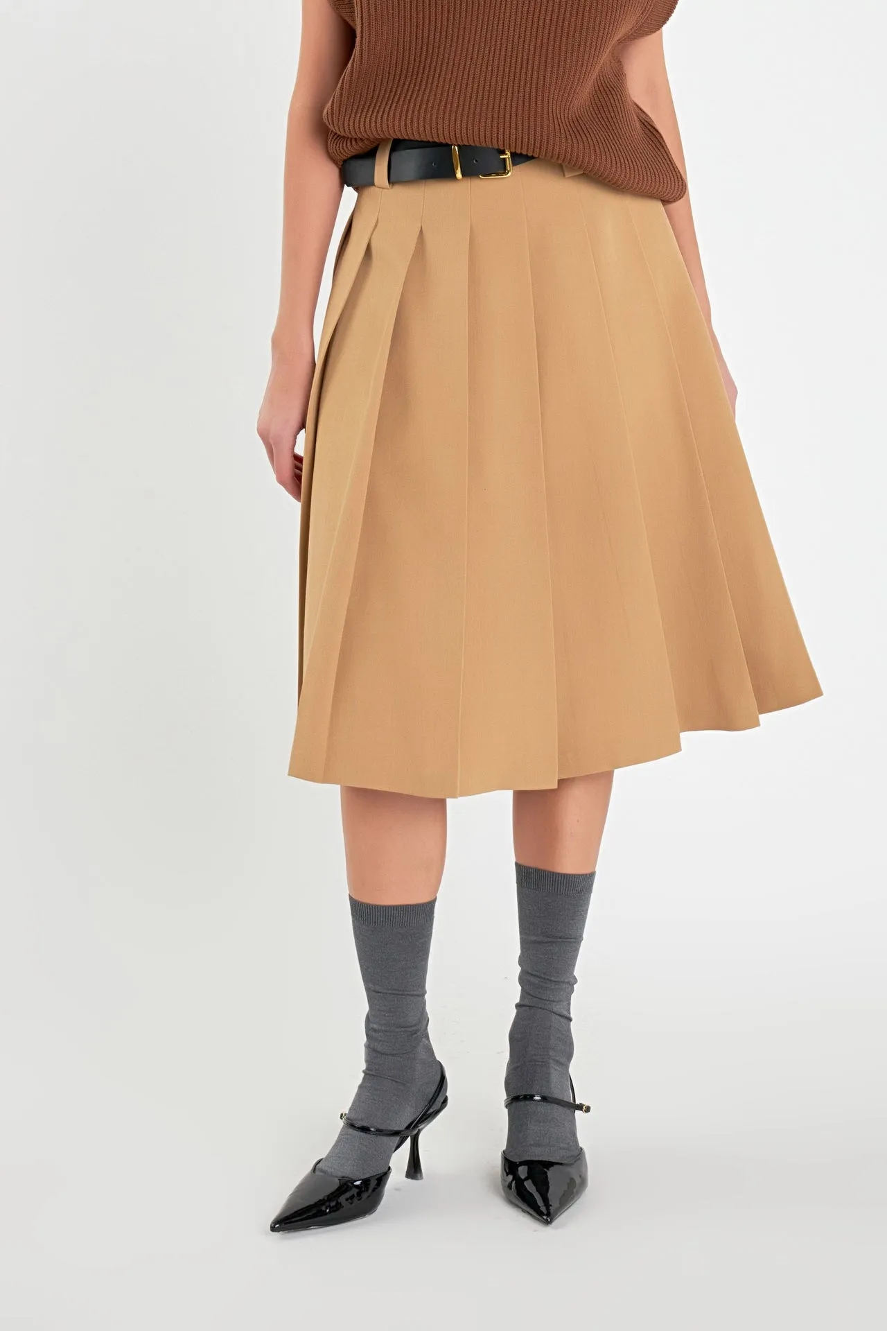 Low Waist Pleated Midi Skirt in Tan