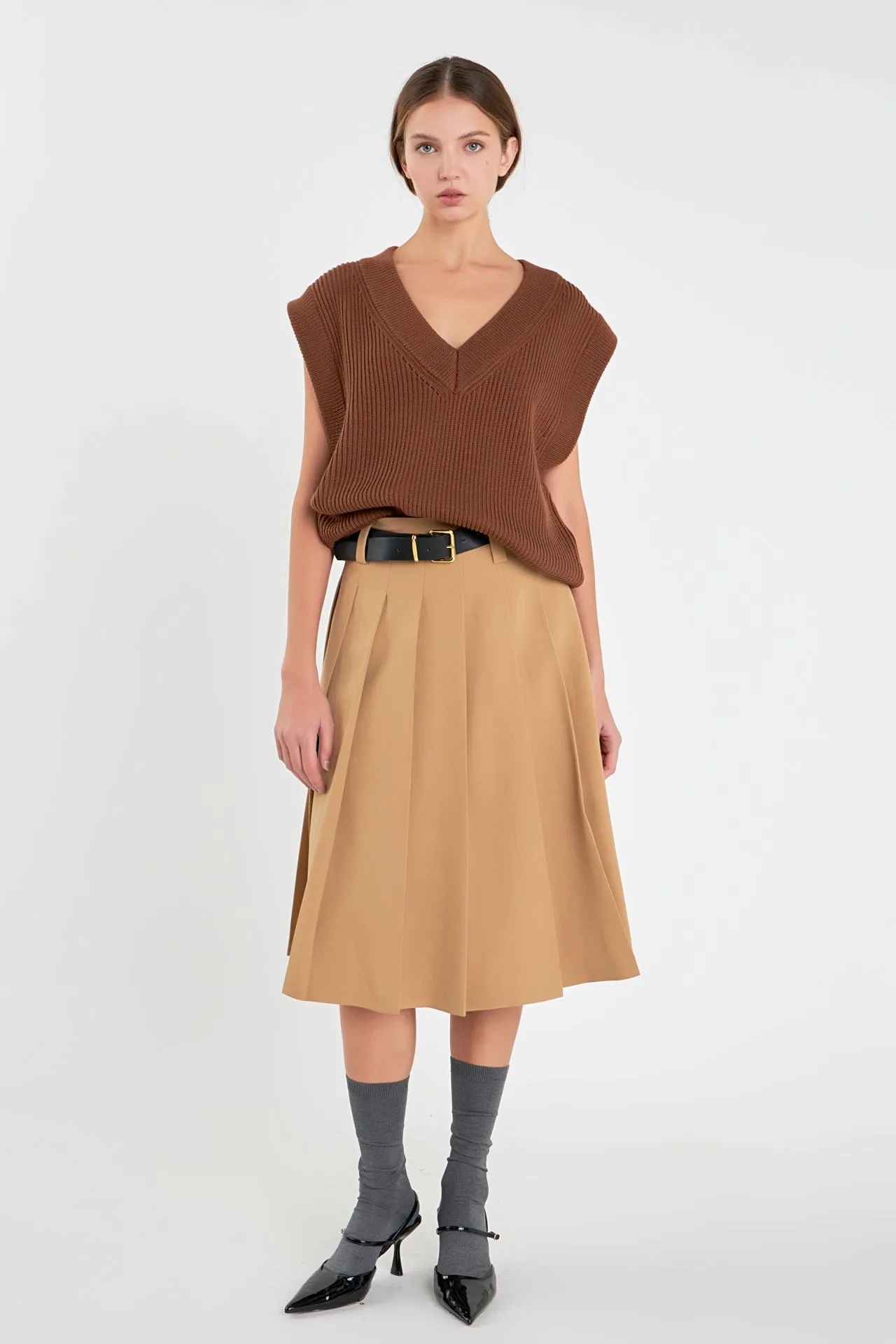 Low Waist Pleated Midi Skirt in Tan