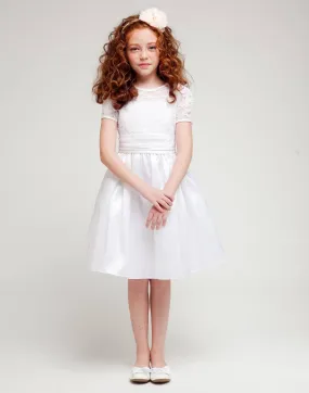 Luring Lace and Glistening Taffeta Knee length Dress - White