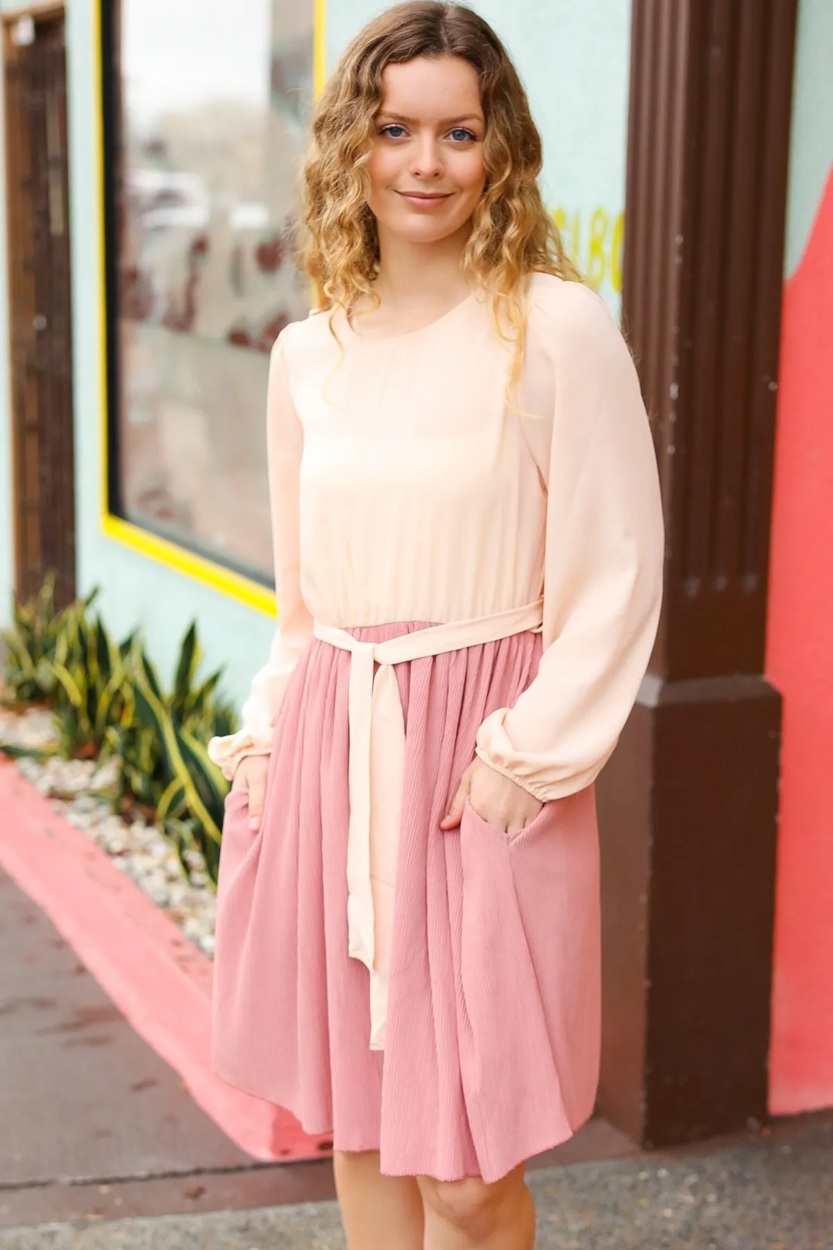 Mauve & Peach Pleated Skirt Dress