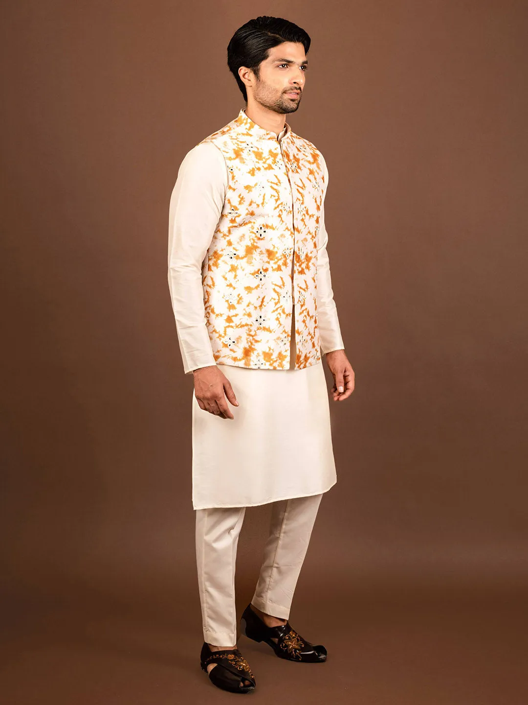 Men Mustard Kurta Jacket Trouser Set