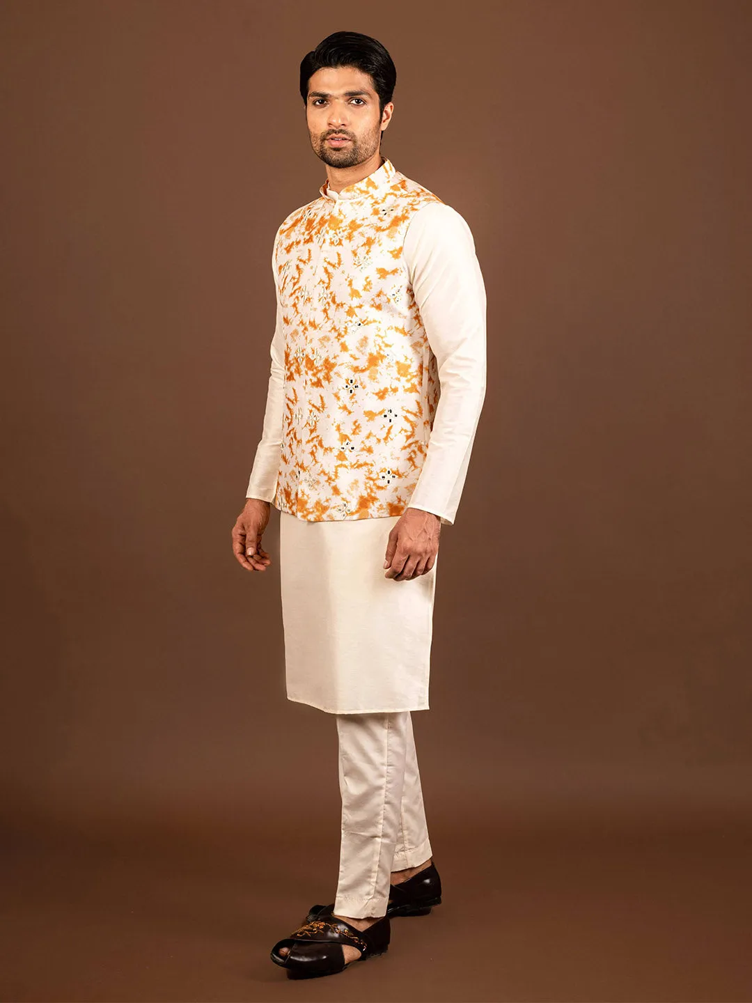 Men Mustard Kurta Jacket Trouser Set