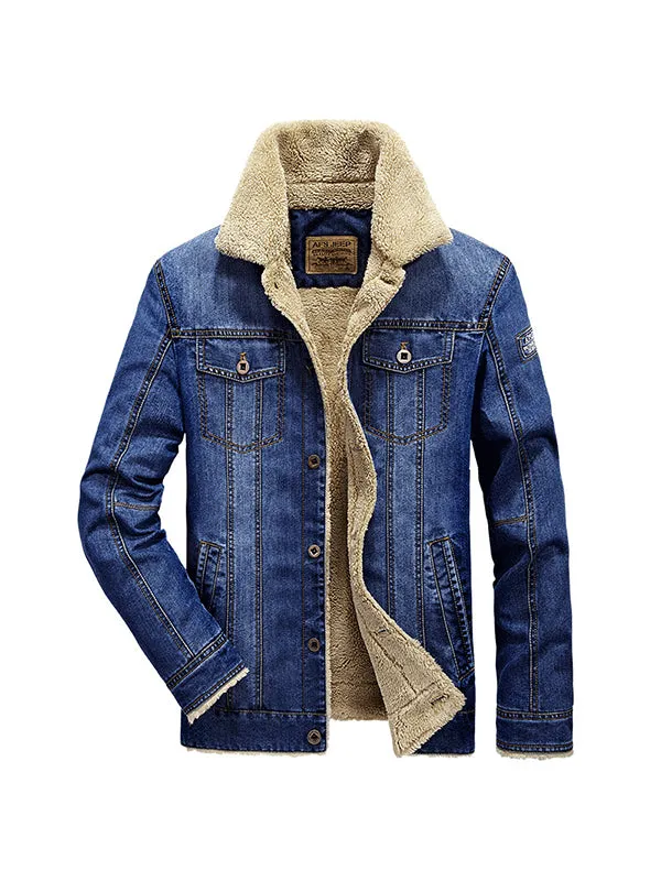 Men's Casual Loose Fleece Cotton Denim Jacket Coat